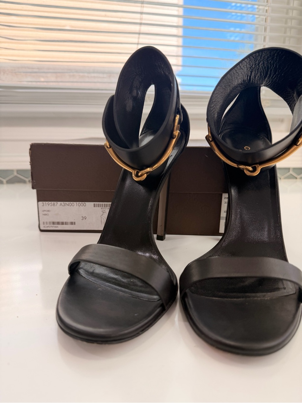 Gucci Black Leather High-Heel Ankle-Cuff Sandals with Gold Buckle - Picture 12 of 14